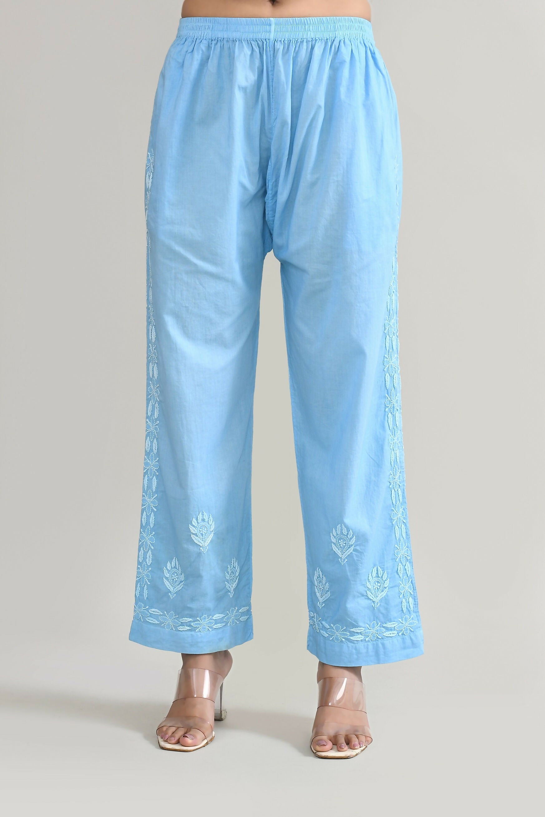 Joban Fashion Womens Cotton ChikanKari Sky Blue & White Cord set - Swadesiicart