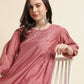 Pink Chinon Yoke Embroidered A-line Top - Tarini - Swadesiicart