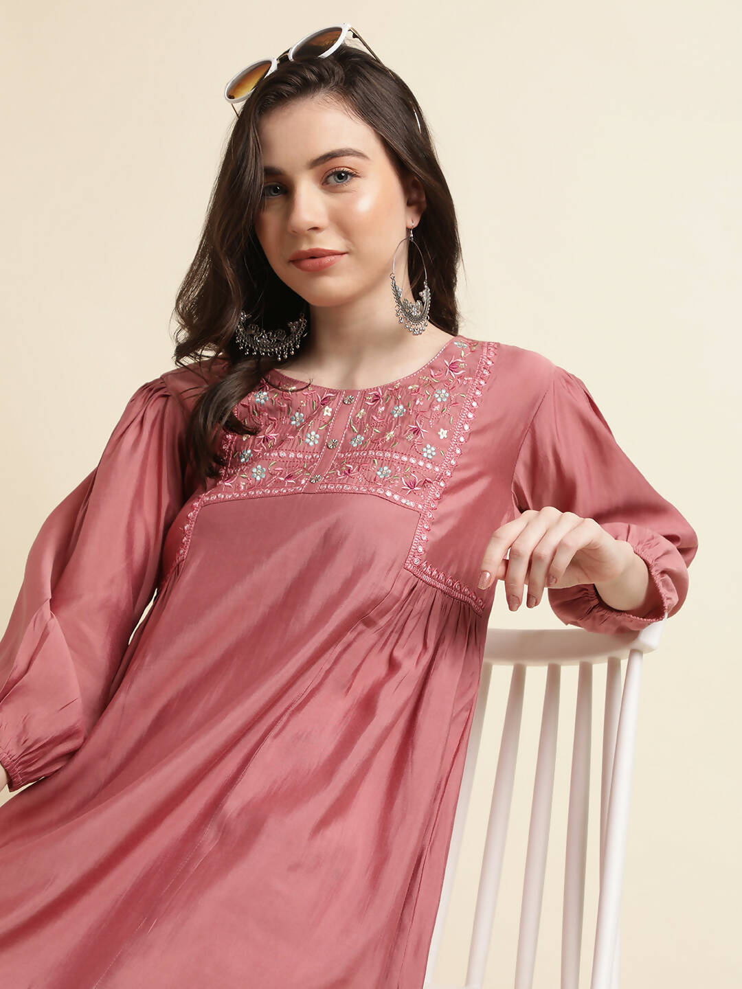 Pink Chinon Yoke Embroidered A-line Top - Tarini - Swadesiicart
