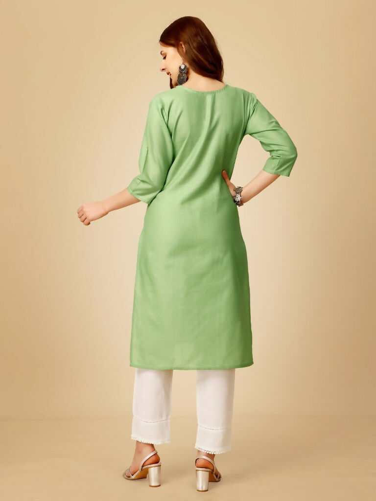Jyoti Fashion Women's Lime Green Cotton Blend Embroidered Kurta Pant Set | Swadesiicart