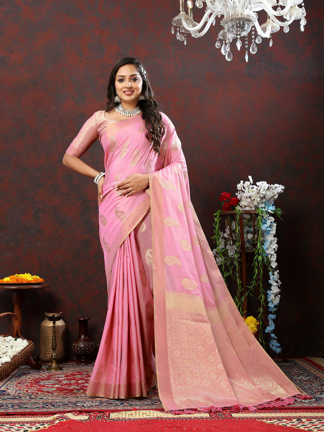 Lorenvalley Fashion Pink Cotton Woven Design with Zari Weaving Design Saree - Swadesiicart