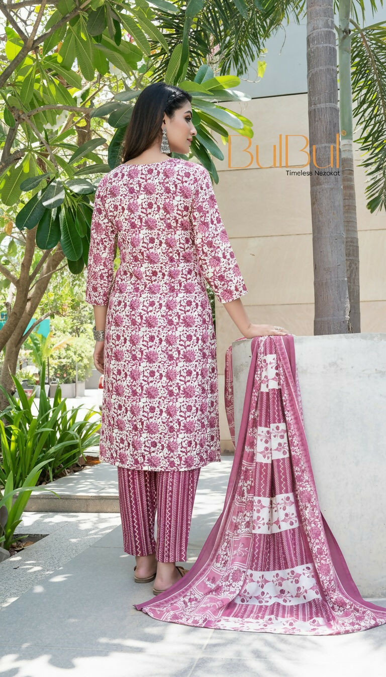BulBul Fashionista Wine Cotton Kurta Set with Dupatta - Swadesiicart