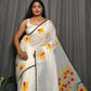 Exclusive Collection Beautiful White Yellow Pure Cotton Hand Print Handloom Saree With Running Blouse Piece - Swadesiicart
