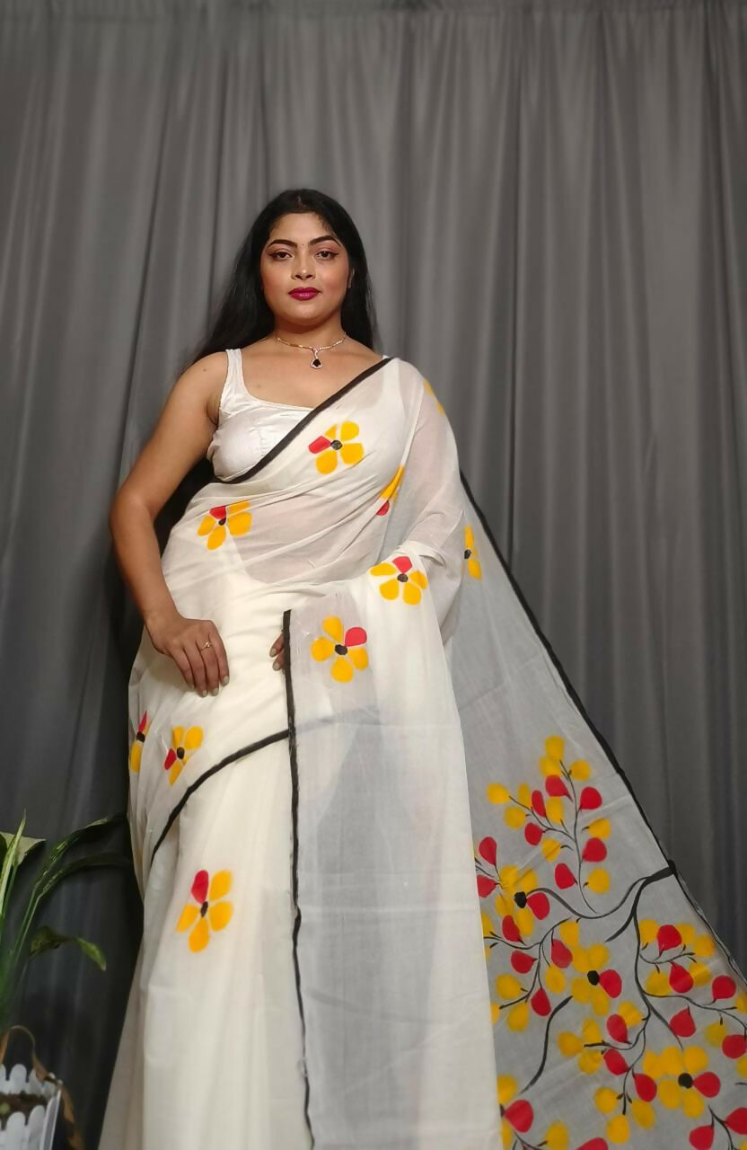 Exclusive Collection Beautiful White Yellow Pure Cotton Hand Print Handloom Saree With Running Blouse Piece - Swadesiicart