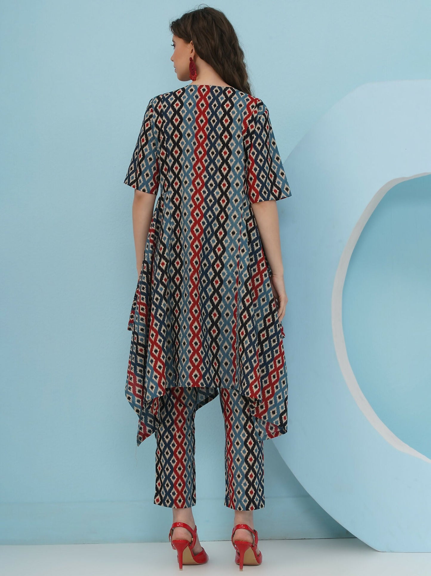 Joban Fashion Ikkat Printed Co Ord Set - Blue Red - Swadesiicart