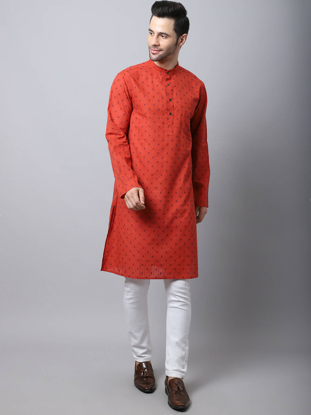 Even Apparels Red Pure Cotton Men's Kurta With Band Collar (CHK1167) | Swadesiicart
