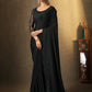 Black Satin Silk Floral Embroidered with Swaroski Work Saree With Unstitched Blouse Piece - Norita Royal Erisha