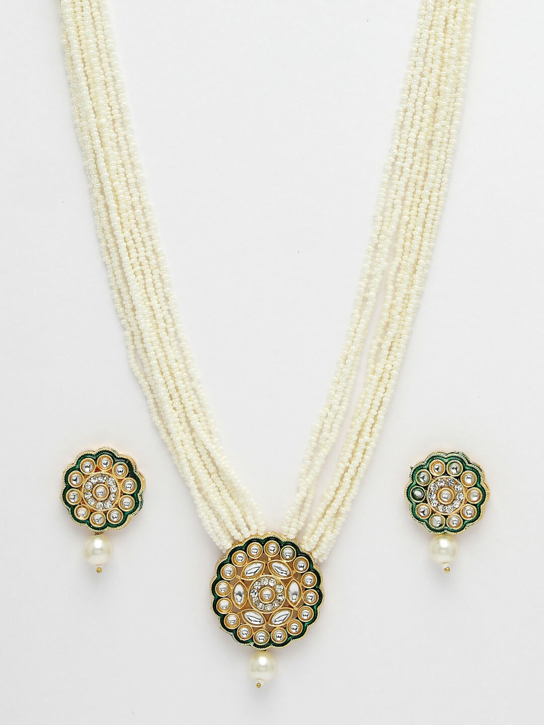 NVR Women's White & Gold-Polished Kundan & Pearl Jewellery Set - Swadesiicart
