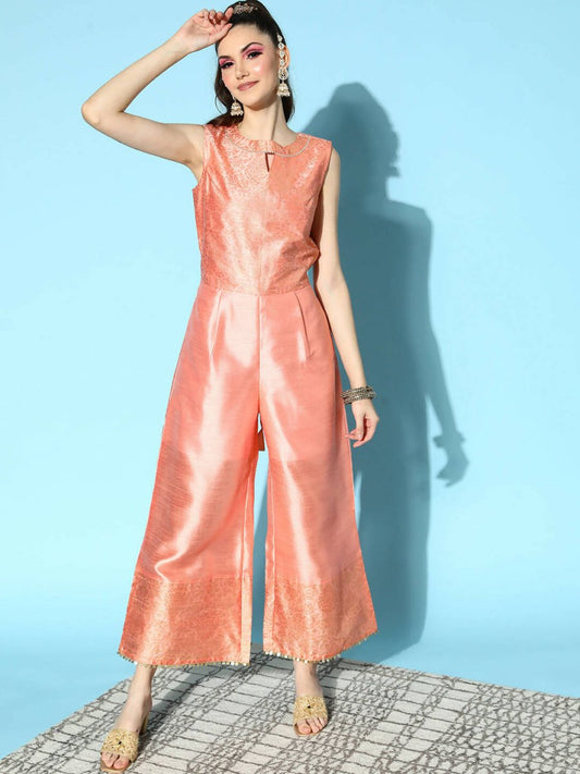 Ahalyaa Womens Peach Poly Silk Solid Jumpsuit - Swadesiicart