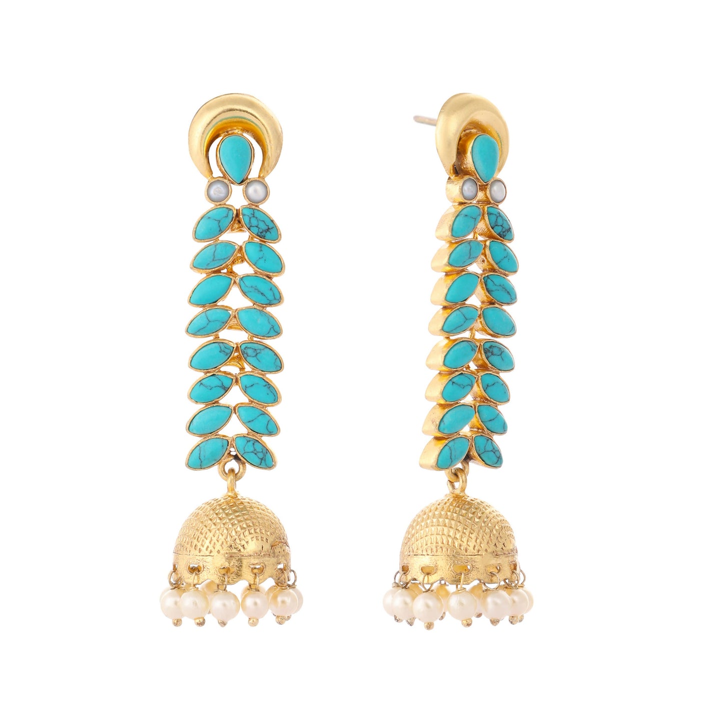 Nuyug 22K Gold Plated Pearl & Turquoise Stone Studded Contemporary Shaped Jhumkas | Swadesiicart