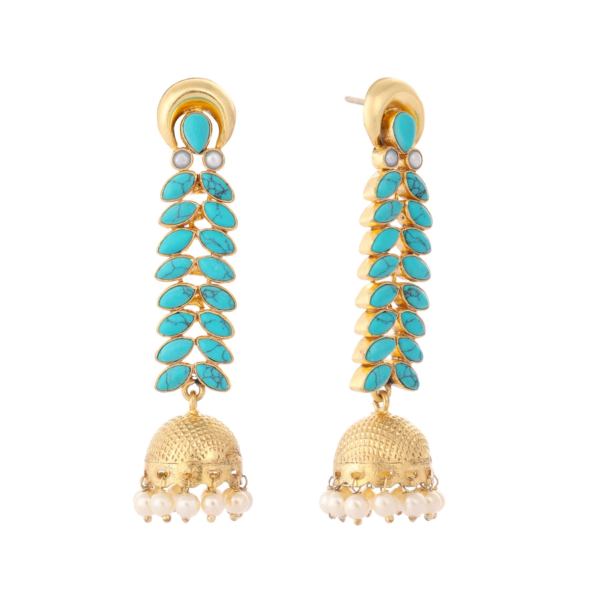 Nuyug 22K Gold Plated Pearl & Turquoise Stone Studded Contemporary Shaped Jhumkas | Swadesiicart