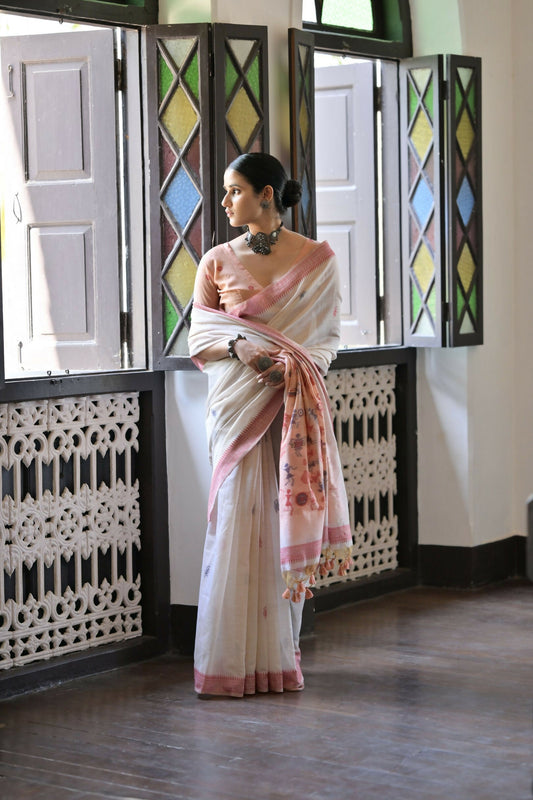 Vishnu Weaves Women's Maroon Muga Cotton Saree with Blouse - Swadesiicart