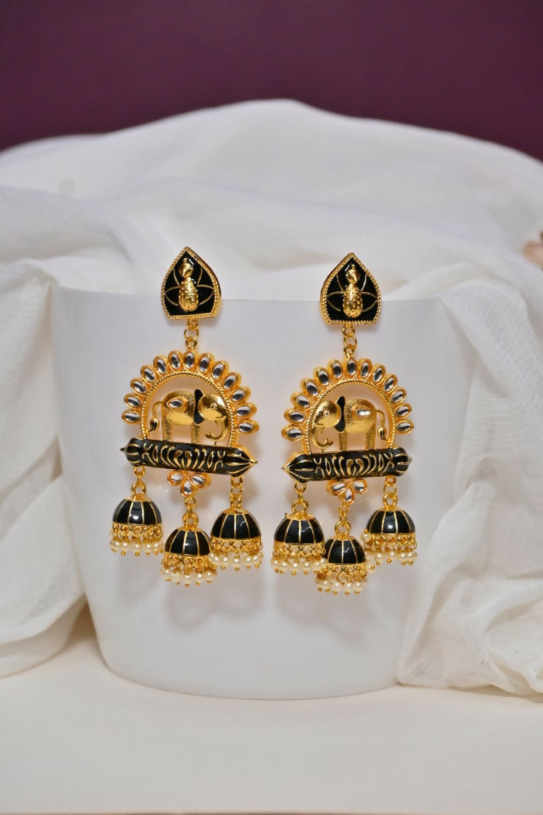 Black Traditional Gold-Polished Elephant Design Kundan Jhumka Jhumki Earrings Indian Jewellery For Women & Girls By House of Ree - Swadesiicart