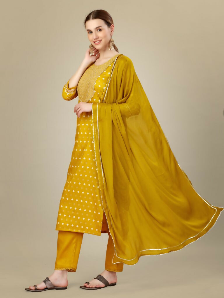 Jyoti Fashion Women's Golden Silk Blend Embroidery & Sequence work Kurta with Trouser & Dupatta | Swadesiicart