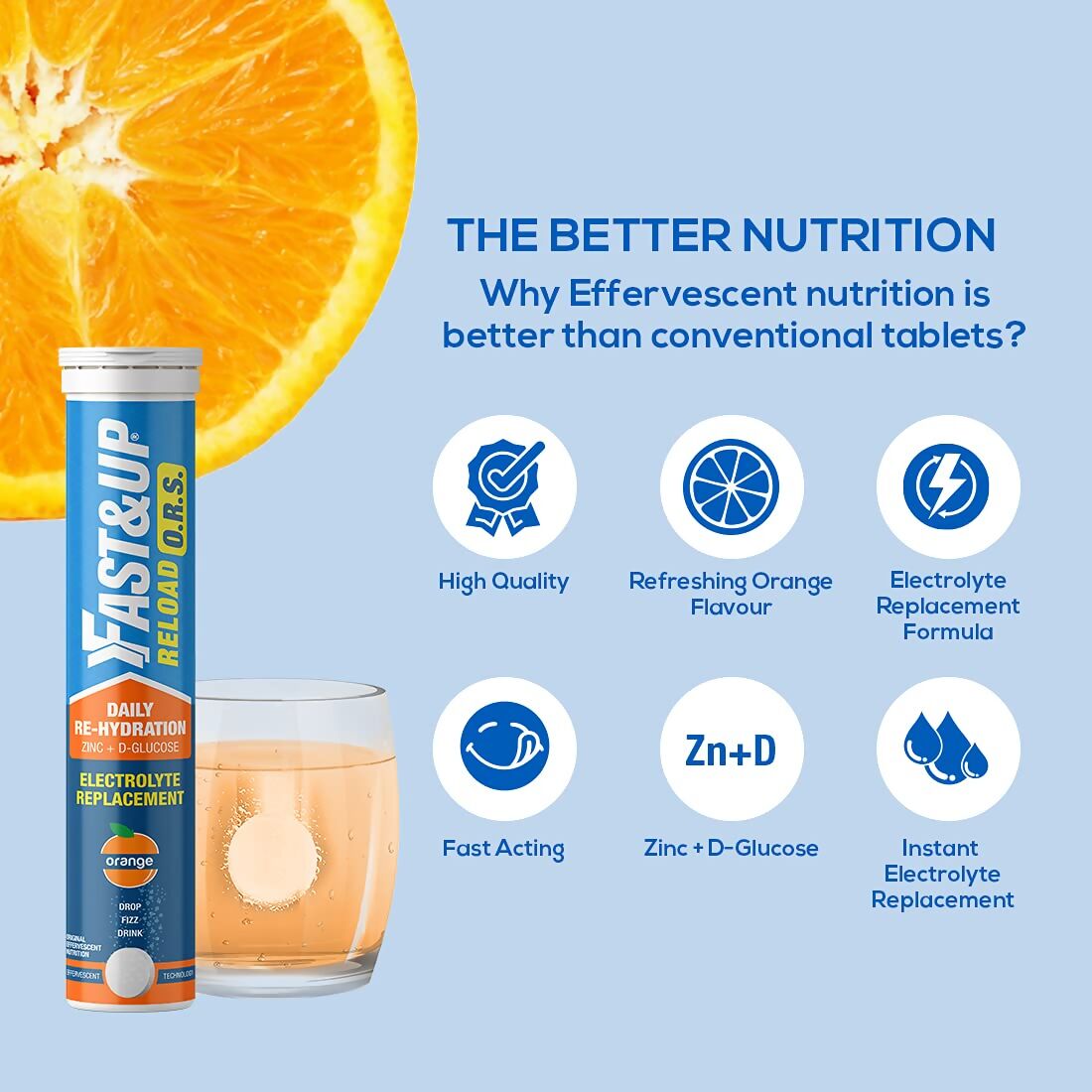 Fast&Up Reload O.R.S Effervescent Electrolyte Tablets - Orange - Swadesiicart