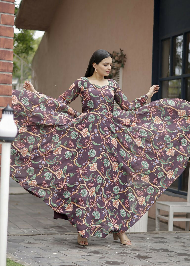 Jyoti Fashion Women's Coffee Faux Georgette Floral Digital Printed Anarkali Dress with Dupatta | Swadesiicart