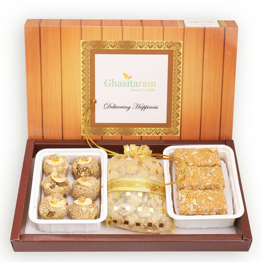 Ghasitaram Sankranti /Lohri Gifts Sweets-Til Laddoo (Bhuga),Revadi And Gachak Hamper | Swadesiicart