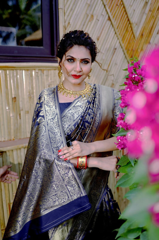Partywear Designer Blue Banarasi Silk Fancy Saree - Starwalk | Swadesiicart