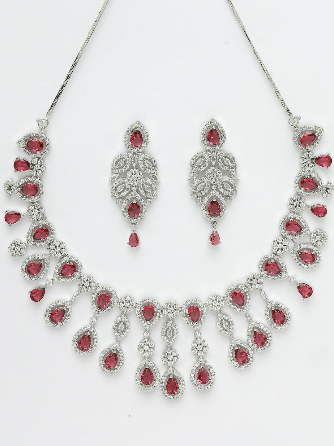 NVR Women's silver plated Maroon CZ stone handcrafted jewellery set - Swadesiicart