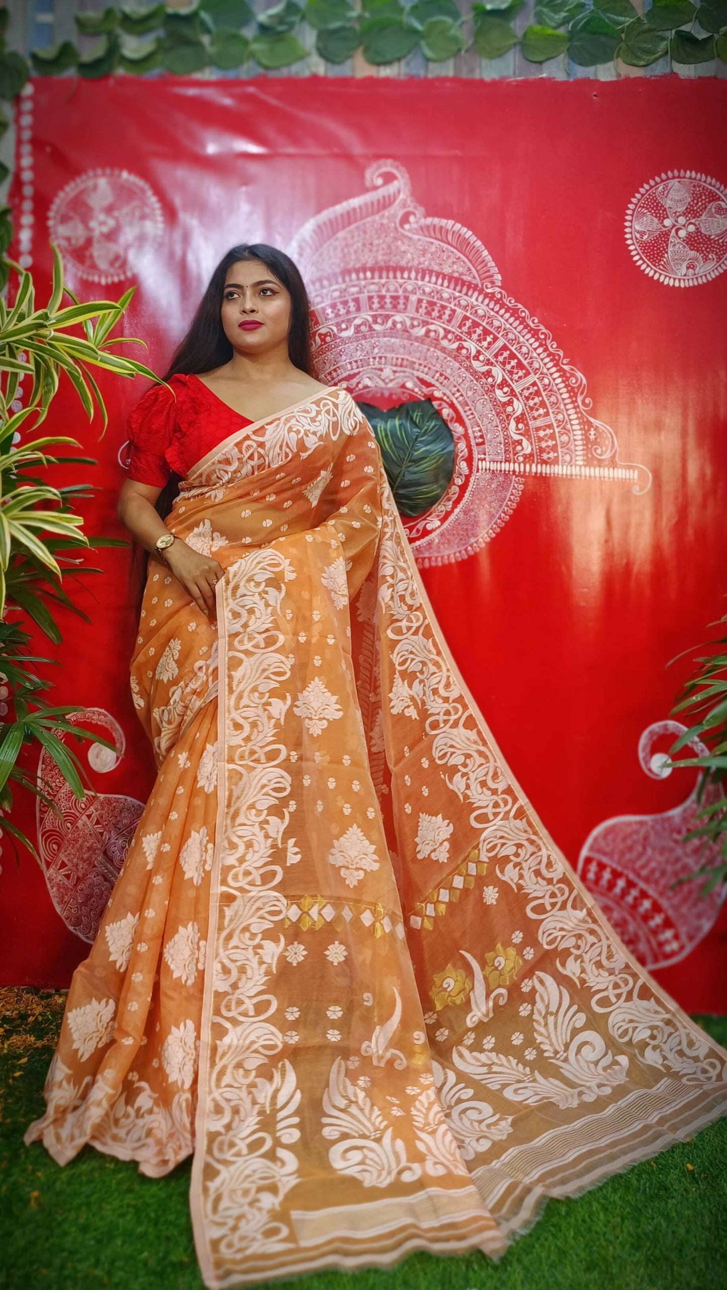 Exclusive Collection Handloom Dhakai Jamdani Saree - Orange - Swadesiicart