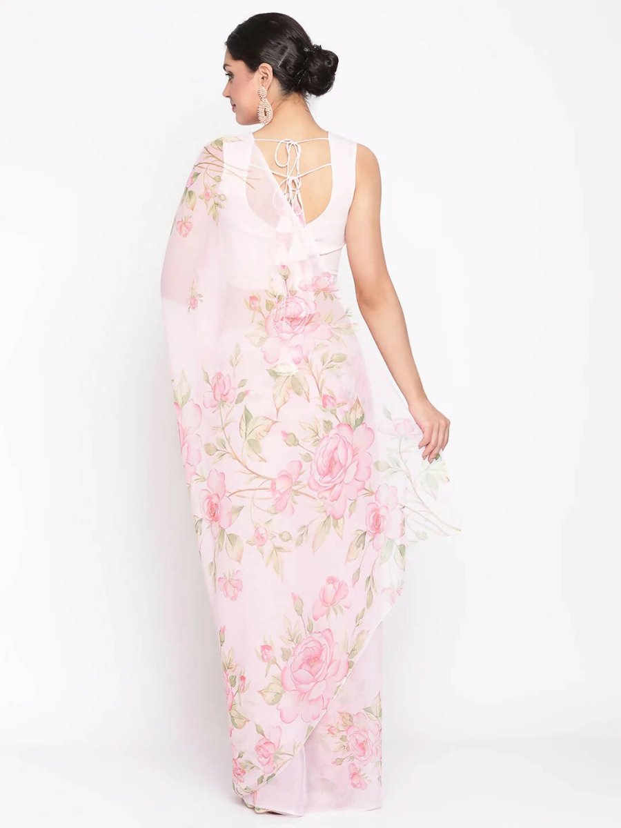 Ahalyaa Women's Baby Pink Digital Print Chiffon Saree | Swadesiicart