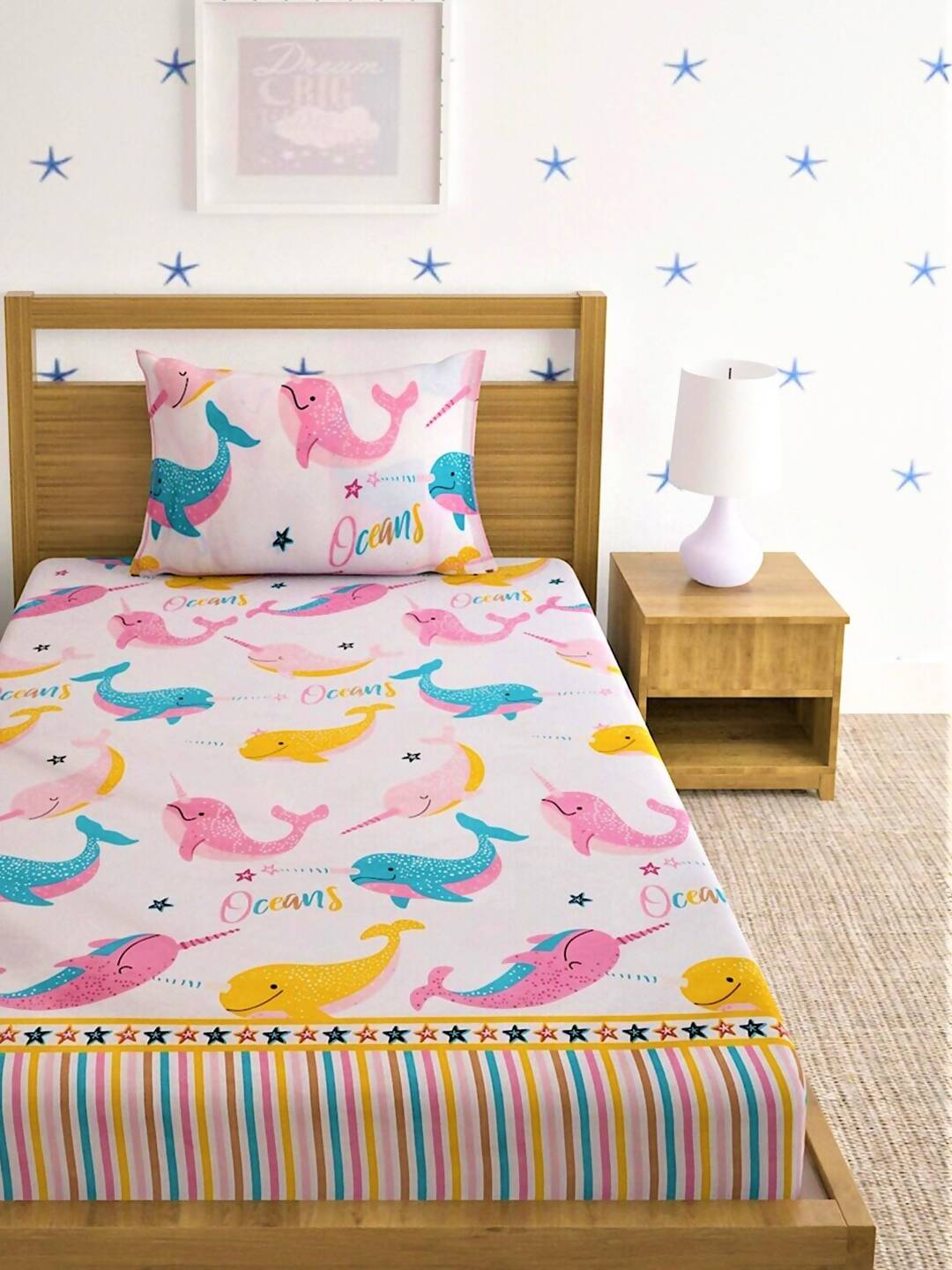 Home Sizzler Pink & Blue Cartoon 210 TC Cotton Bedsheet with Pillow Covers - Swadesiicart