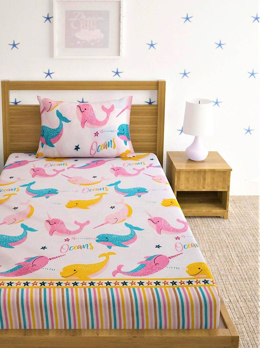 Home Sizzler Pink & Blue Cartoon 210 TC Cotton Bedsheet with Pillow Covers - Swadesiicart
