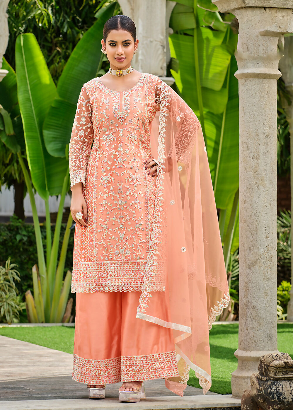 Pretty Peach Stone & Cording Work Festive Palazzo Suit - Emponline | Swadesiicart