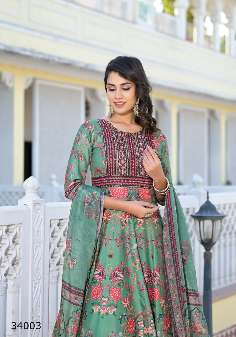 Partywear Designer parrot Dola Silk Anarkali suit with Dupatta - Suzen - Swadesiicart