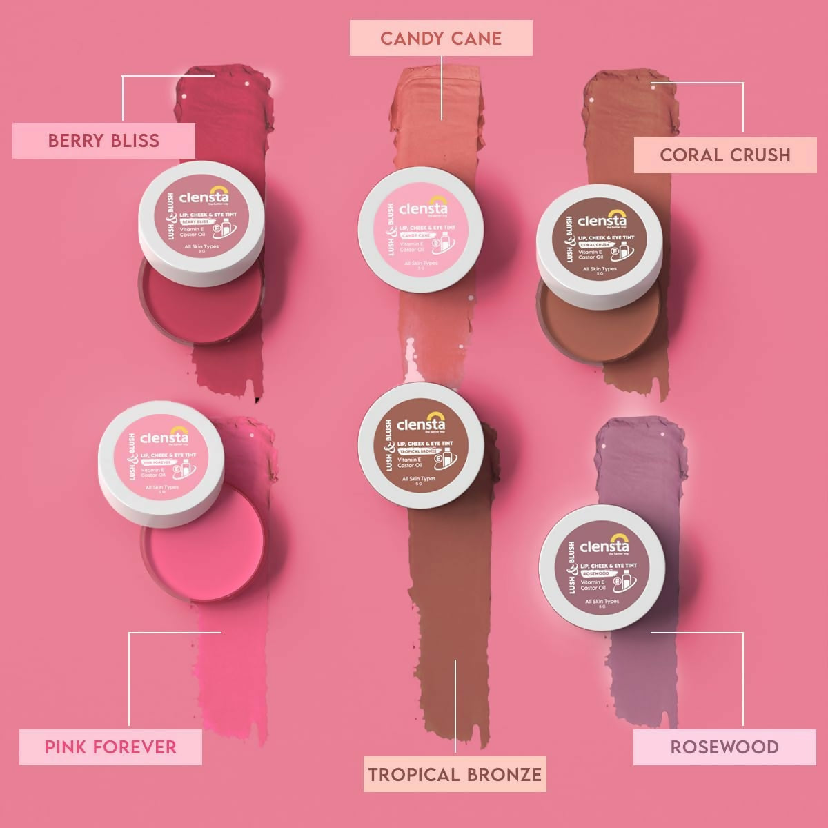 Clensta Lip Cheek Tint - Berry Bliss with Goodness of Vitamin E & Castor Oil - Swadesiicart
