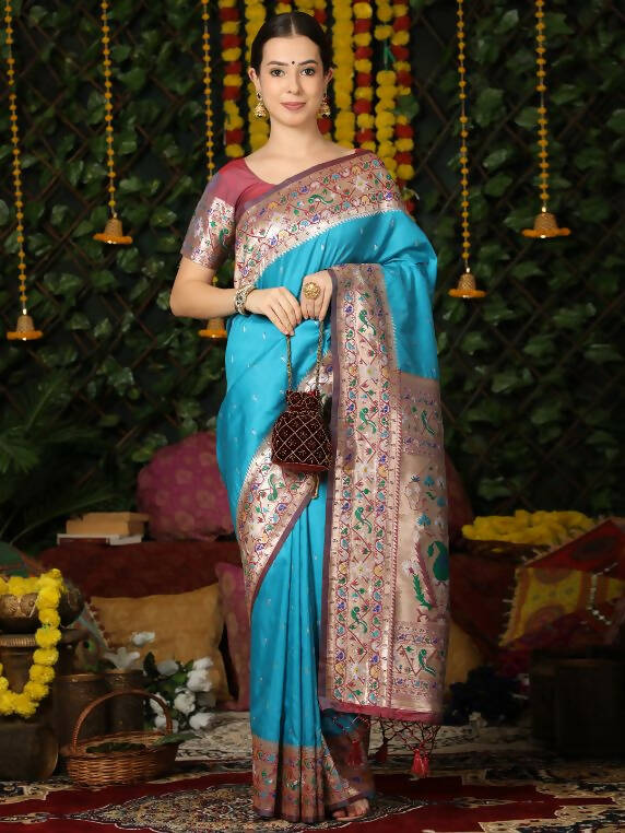 Vishnu Weaves Women's Firozi Paithani Silk Zari Woven Saree with Unstitched Blouse - Swadesiicart