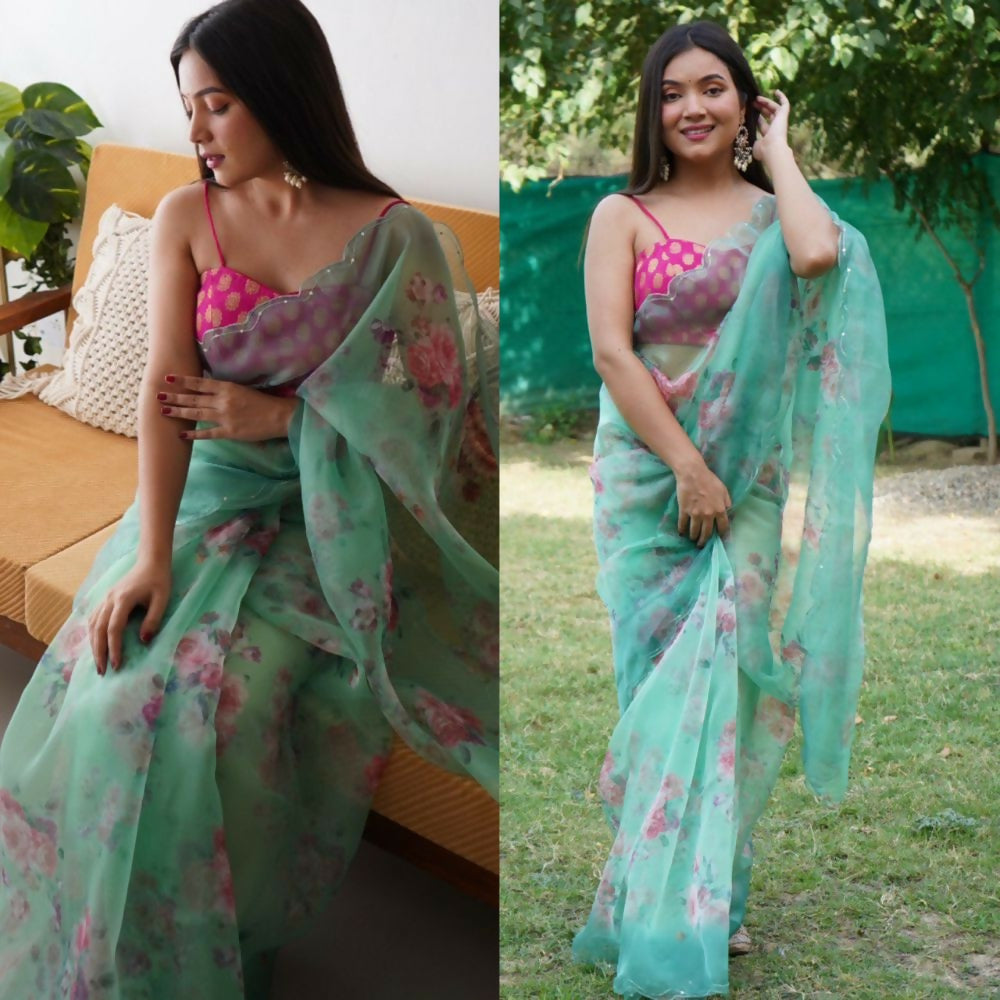 Vamsee Rency Aqua Green Organza Saree - Swadesiicart