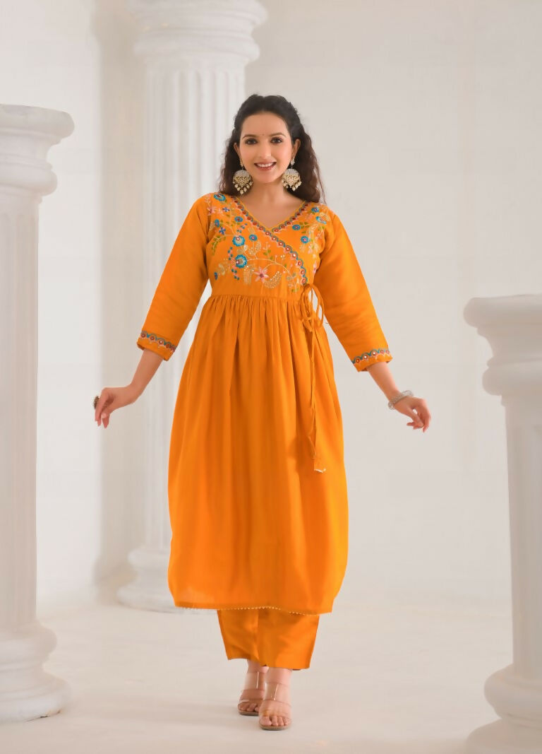 Ethnic Festive Wear Viscose Chanderi orange Stitched Suit With Dupatta - Tanisha | Swadesiicart