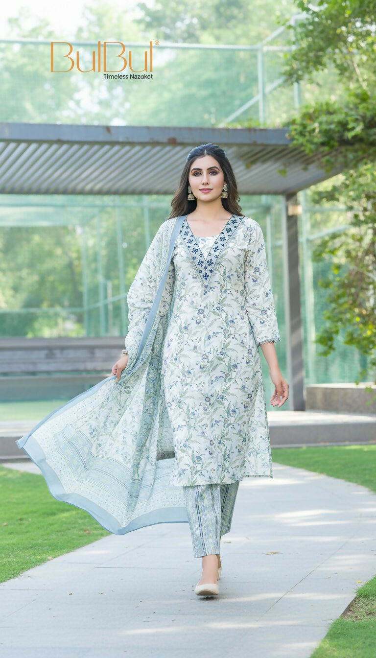 BulBul Fashionista Cotton Floral Blue Kurta Set with Dupatta - Swadesiicart