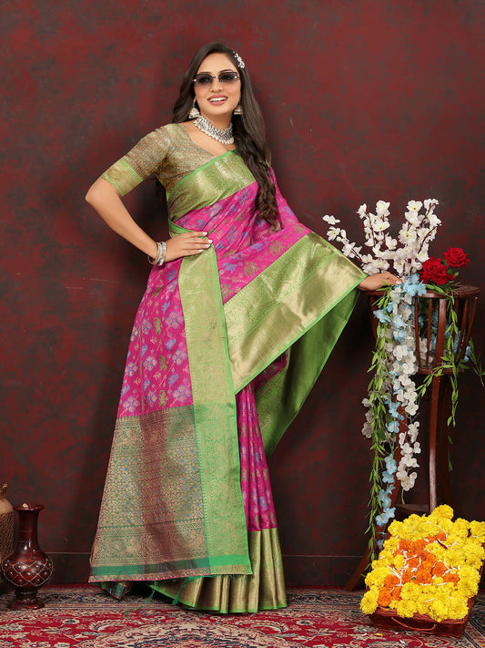 Lorenvalley Fashion Pink Cotton Woven Design Zari Meenakari Weaving Saree - Swadesiicart