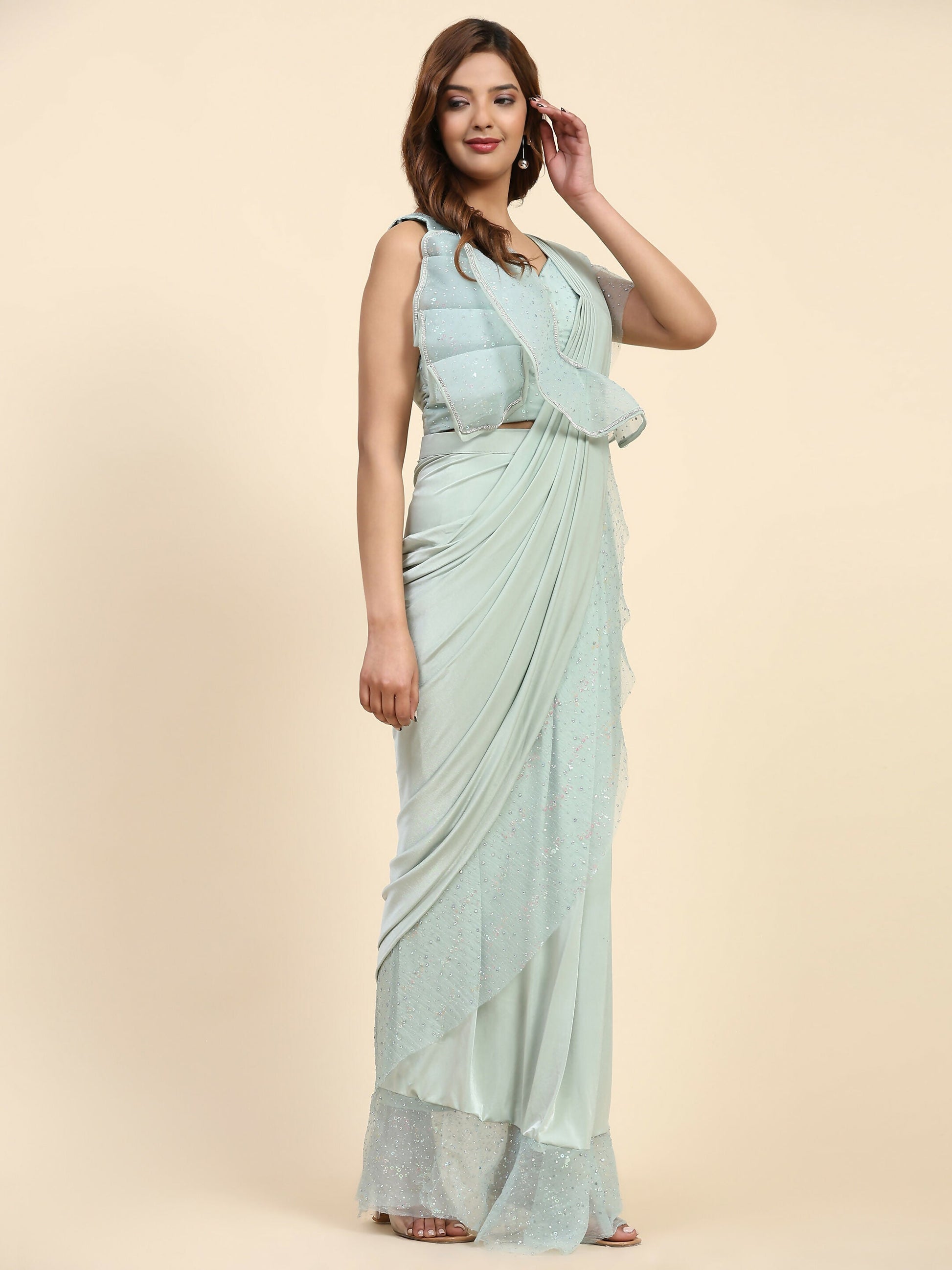 Light Blue Lycra Solid Ready to Wear Saree with stitched Blouse - Nita | Swadesiicart