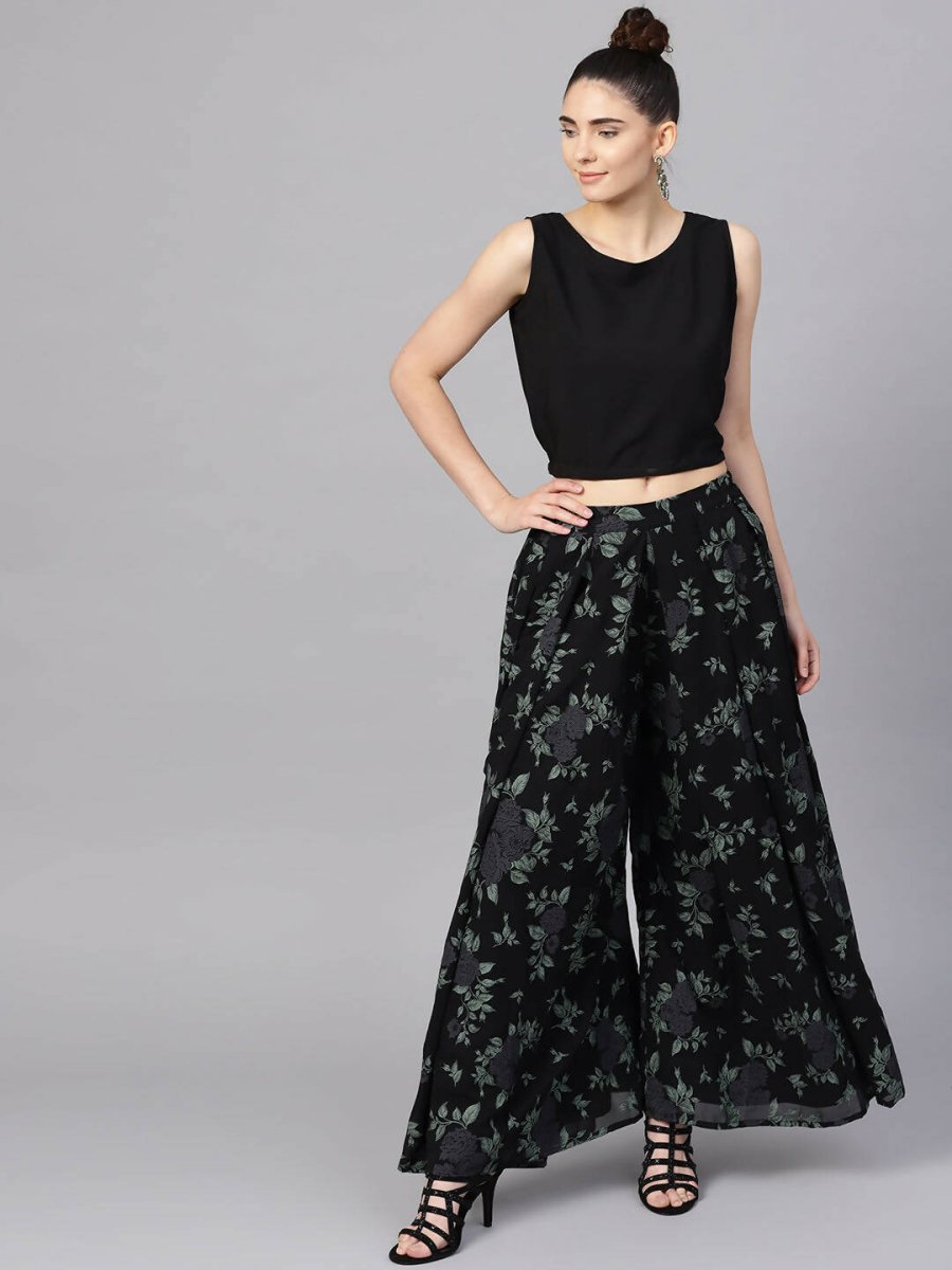 Ahalyaa Black Georgette Crepe Printed Top Palazzo Set With Jacket | Swadesiicart