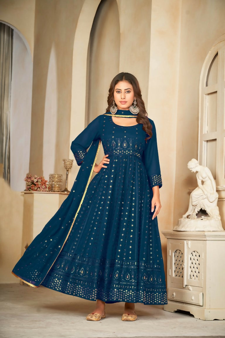 Jyoti Fashion Women's Rama Georgette Embroidered Anarkali Kurta Pant Set With Dupatta | Swadesiicart