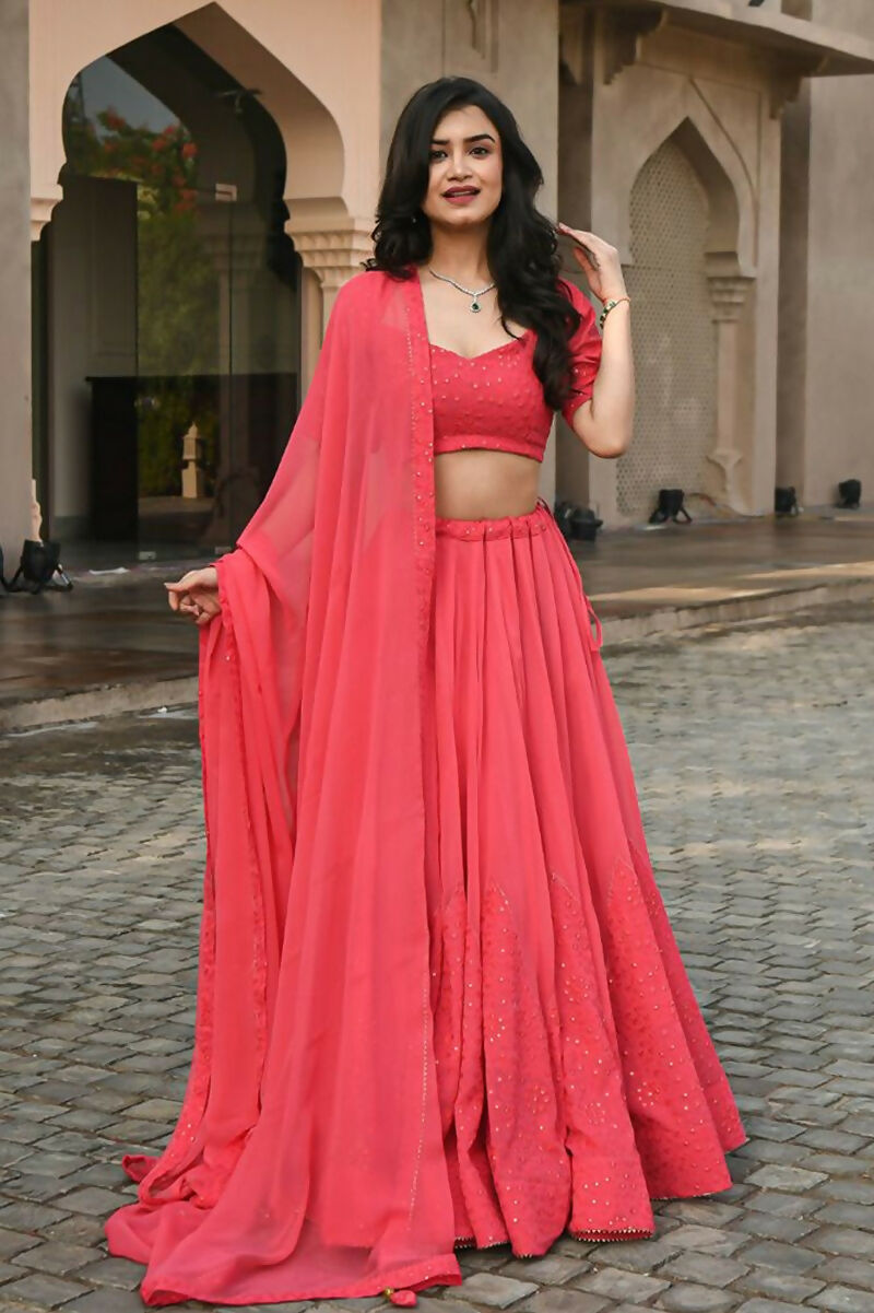 Jyoti Fashion Gajri Thread Embroidery Georgette Lehenga Choli with Dupatta | Swadesiicart