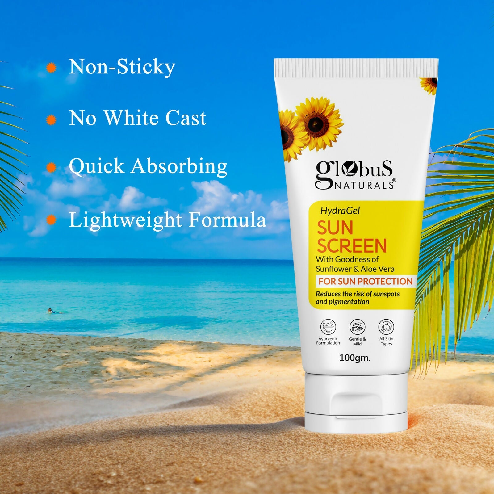 Globus Naturals Hydra Gel Sunscreen With Goodness of Sunflower & AloeVera For Sun Protection All Skin Types | Swadesiicart