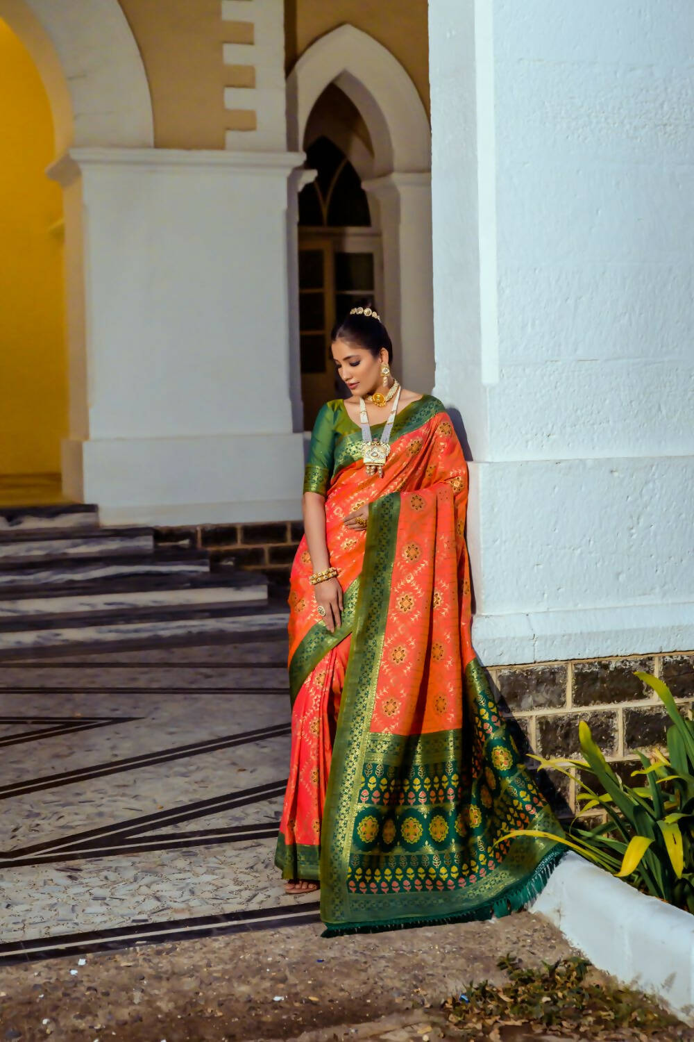 Vishnu Weaves Women's Orange Patola Banarasi Silk Meenakari Zari Woven Saree with Blouse - Swadesiicart