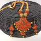 Terracotta Modern Long Necklace Set With Hangings-Indian Red And Gold