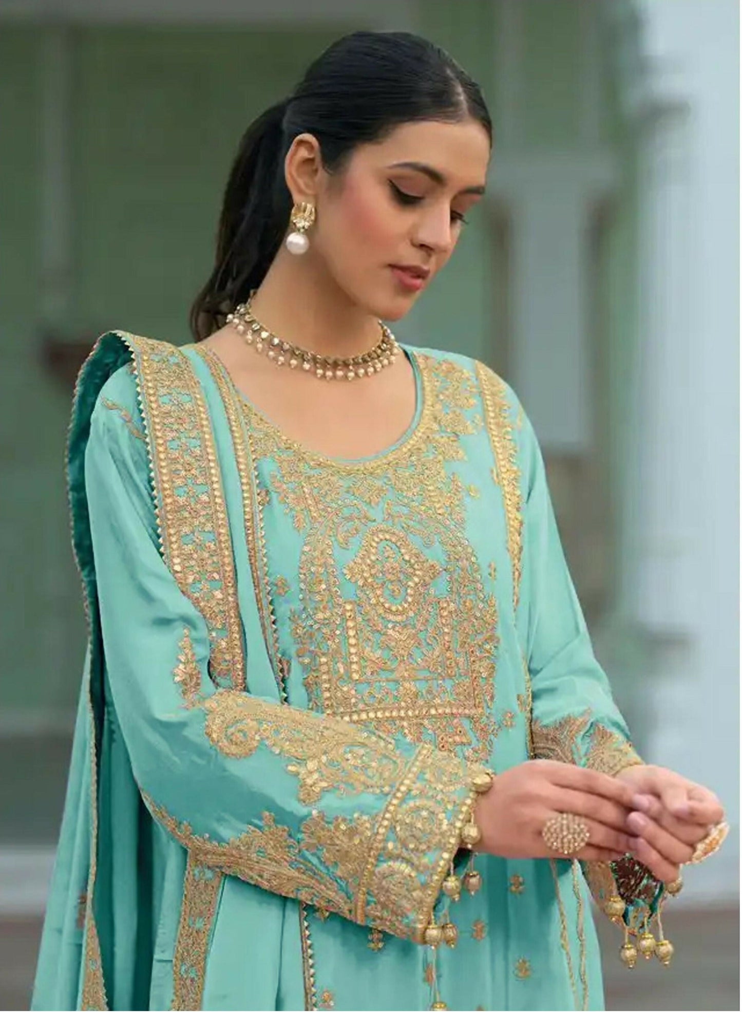 Anaita Sky-Blue Heavy Chinon Readymade Palazzo Suit with Heavy Embroidery Work