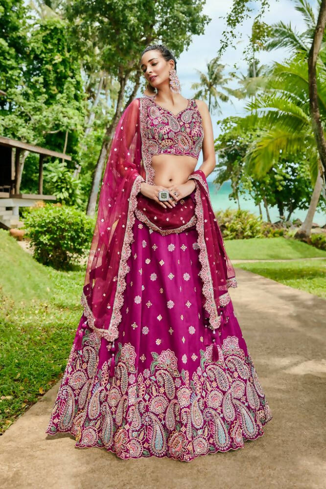 House of Panchhi Burgundy Satin Silk Sequins And Zarkan Embroidery Lehenga Choli & Dupatta | Swadesiicart