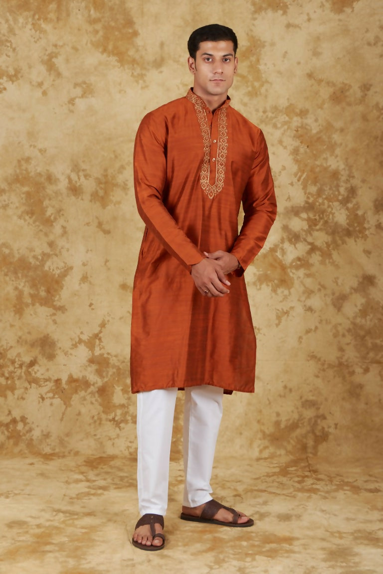 Bluesaanchi Men's Handloom Embroidered Tawny Kurta Set | Swadesiicart