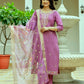 The52 Purple Women's Beautiful Embroidered Viscose Chanderi Silk Fabric with Straight Kurta, Pant and Dupatta Set - Swadesiicart