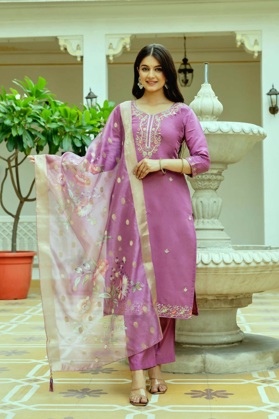 The52 Purple Women's Beautiful Embroidered Viscose Chanderi Silk Fabric with Straight Kurta, Pant and Dupatta Set - Swadesiicart