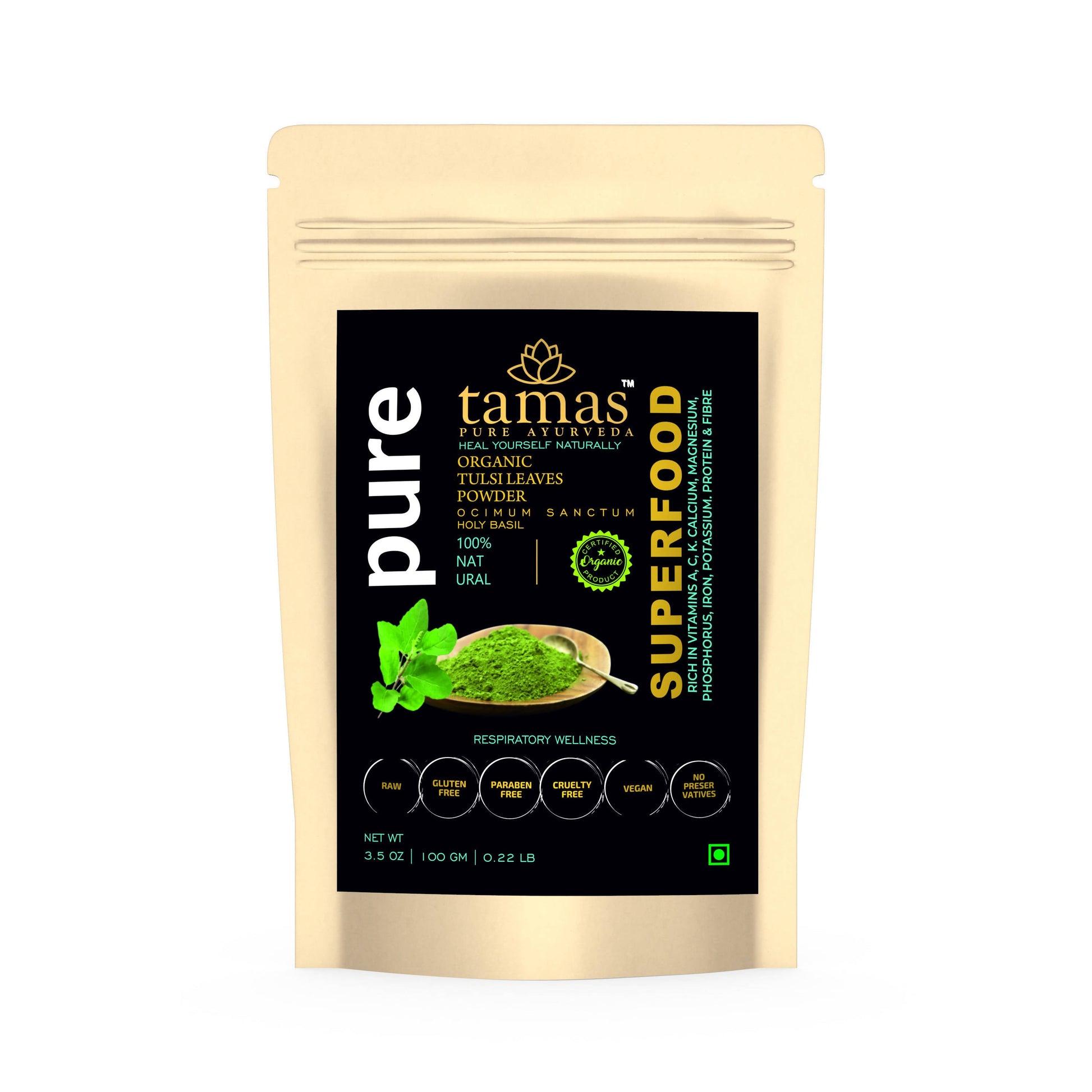 Tamas Pure Ayurveda Superfood Organic Tulsi Leaves Powder - Green Leaf