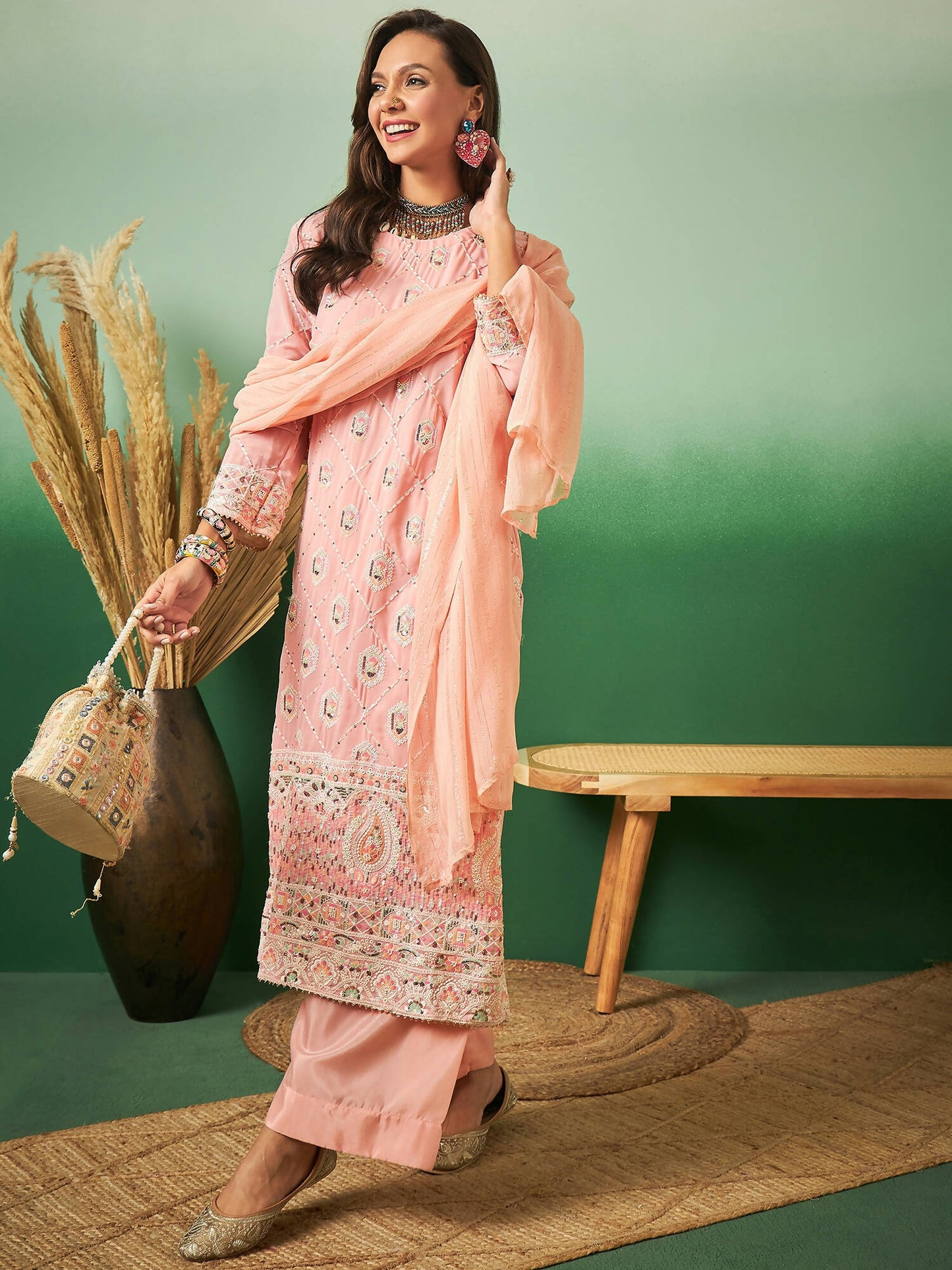 Peach Georgette Handwork Unstitched Dress Material - Hanika | Swadesiicart