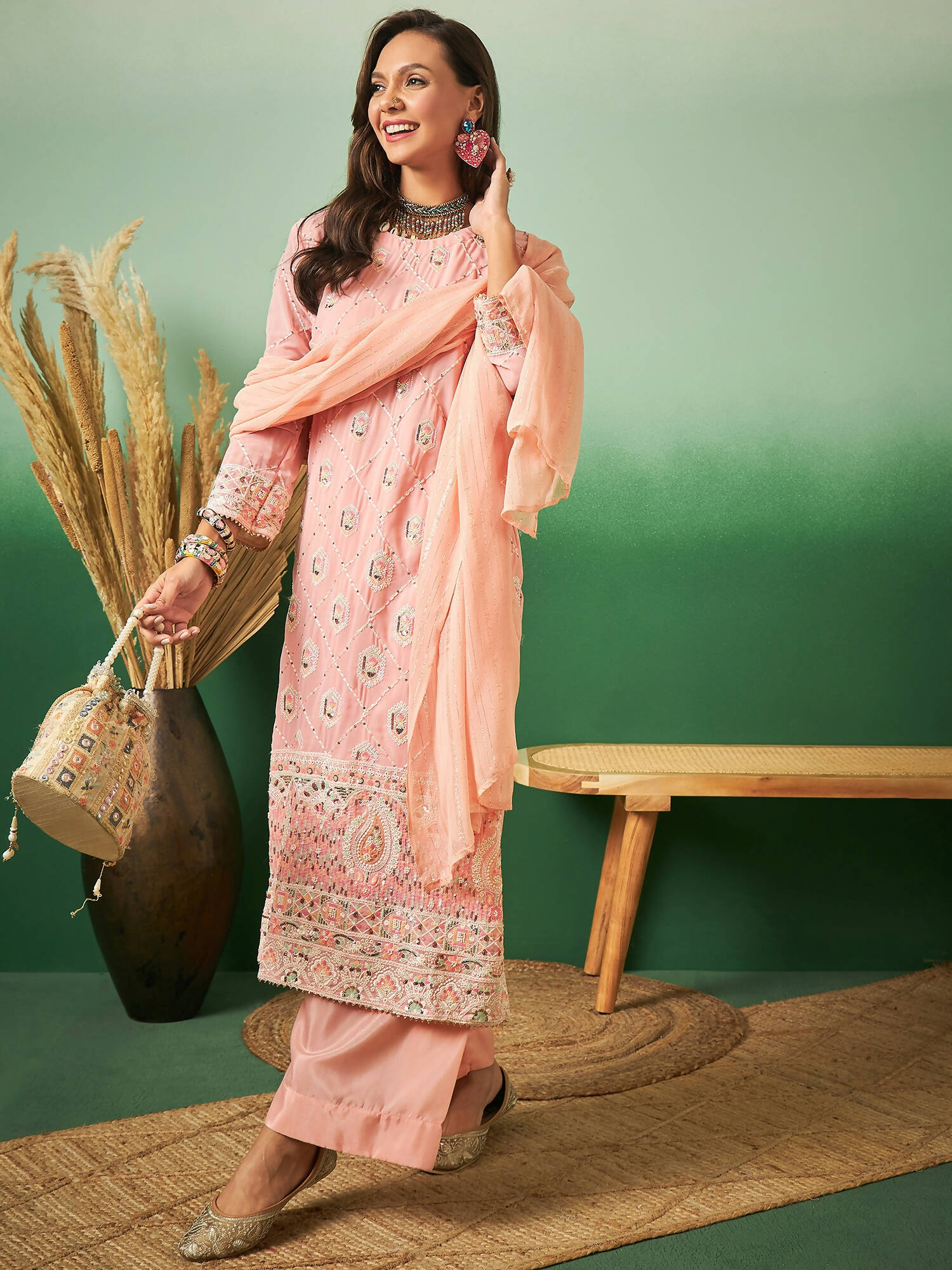 Peach Georgette Handwork Unstitched Dress Material - Hanika | Swadesiicart